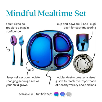 Ahimsa Stainless Steel Kids Dinnerware Set - 5 Piece Stainless Steel Toddler Plates and Bowls Set