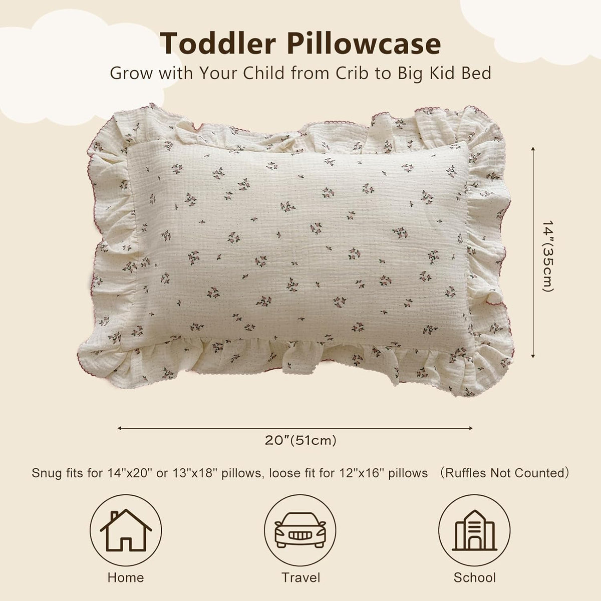BuLuTu Cotton Muslin Kids Toddler Pillowcase with Ruffles, Chic Shabby Floral Pillow Cases, Girls