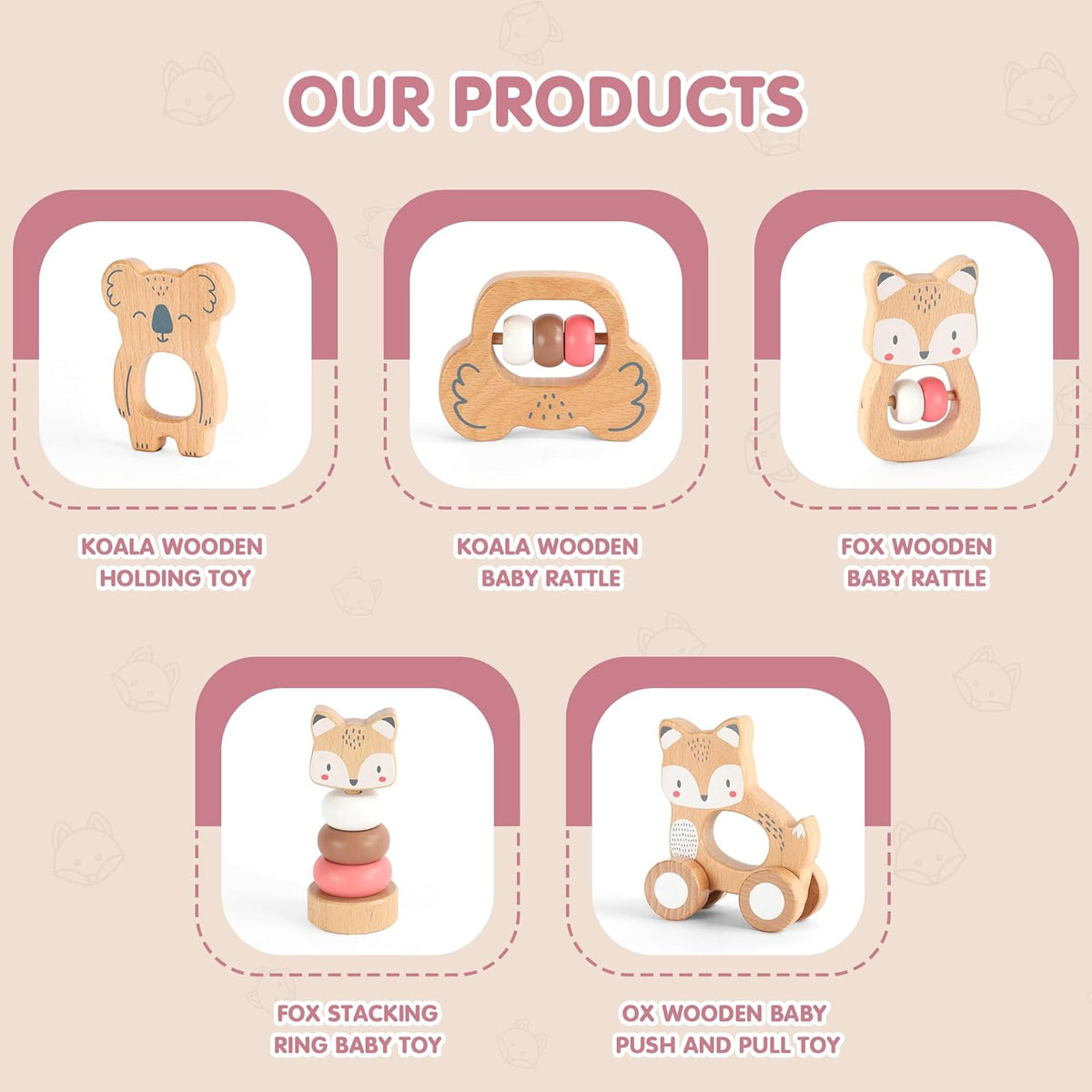 Freniland Wooden Montessori Toys, 5-Piece Wooden Baby Toys, Koala Wooden Baby Rattle, Fox Stacking