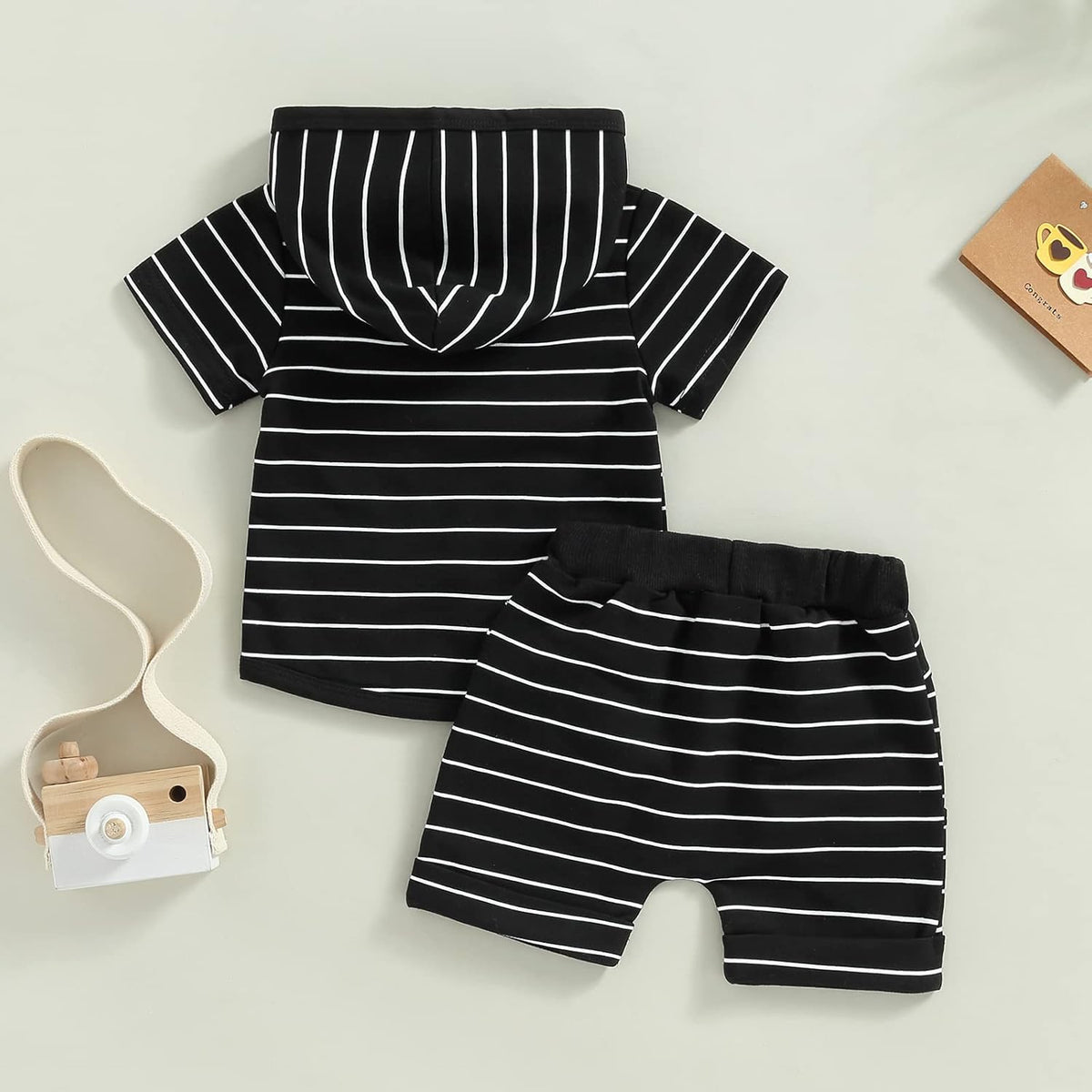 Toddler Baby Boy Summer Hooded Outfit Contrast Color Short Sleeve T Shirt Top Elastic Shorts Summer