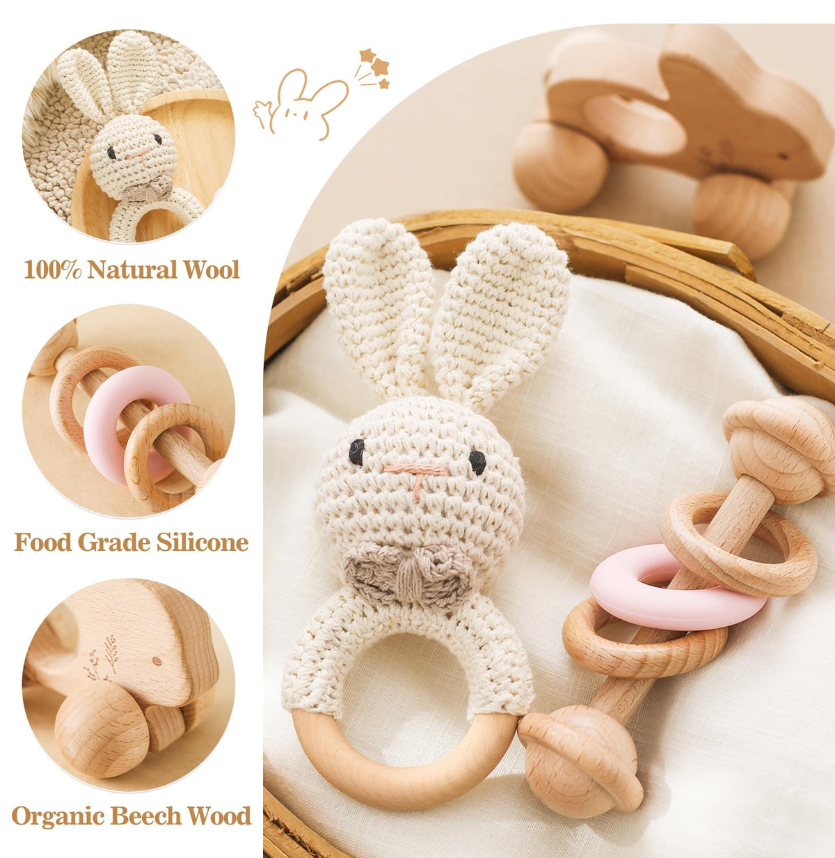 let's make Wooden Baby Rattle 3 PCS Push Car Rattle Set Crochet Rattle Ring Wooden Montessori Toy