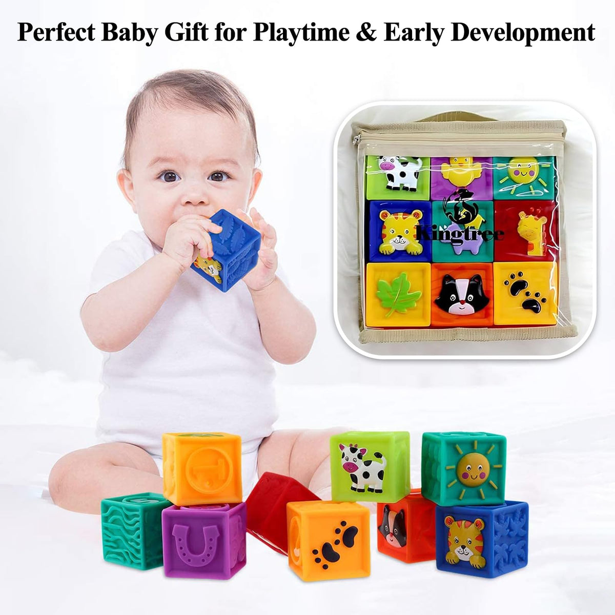 Kingtree Baby Blocks, 9PCS Soft Squeeze Building Blocks Stacking Toys for 6+ Months Babies, Baby