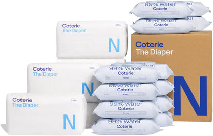 Coterie Baby Wipes + Diapers Kit, Size Newborn Diapers (186 Count) & 12 Pack (672 Count) Baby Wipes