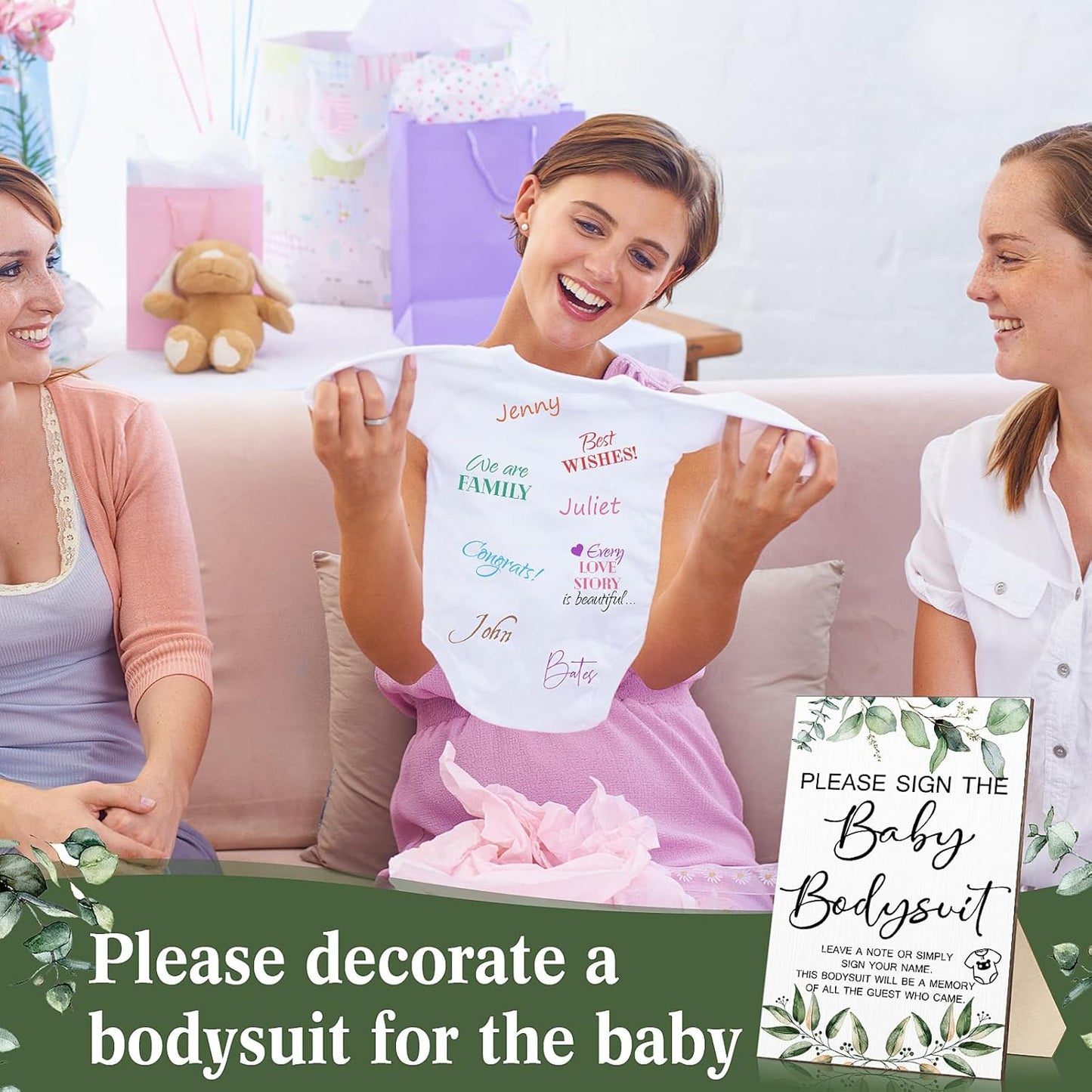 Qunclay 12 Pcs Baby Bodysuit Baby Shower Game Include 1 Game Wooden Sign Tabletop Decor 1 White