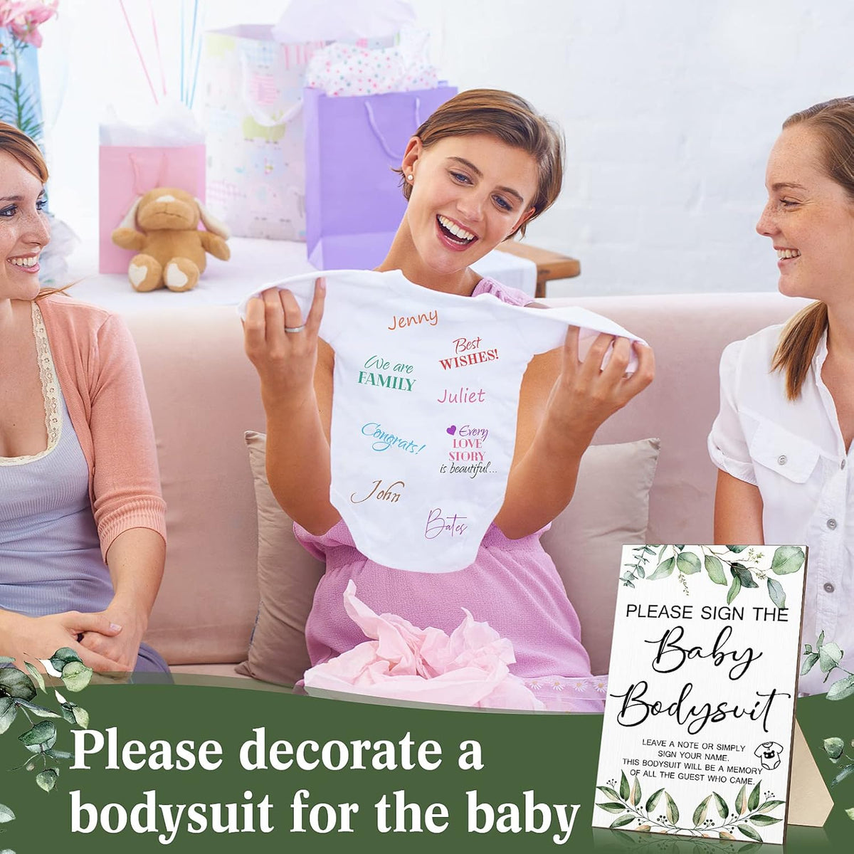 Qunclay 12 Pcs Baby Bodysuit Baby Shower Game Include 1 Game Wooden Sign Tabletop Decor 1 White