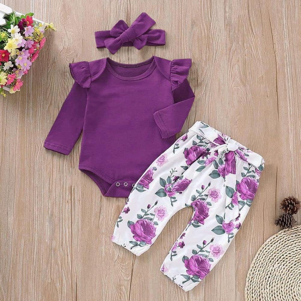 Newborn Baby Girl Clothes, Infant Girl Outfits Long Sleeve Ruffle Romper + Floral Pants + Headband