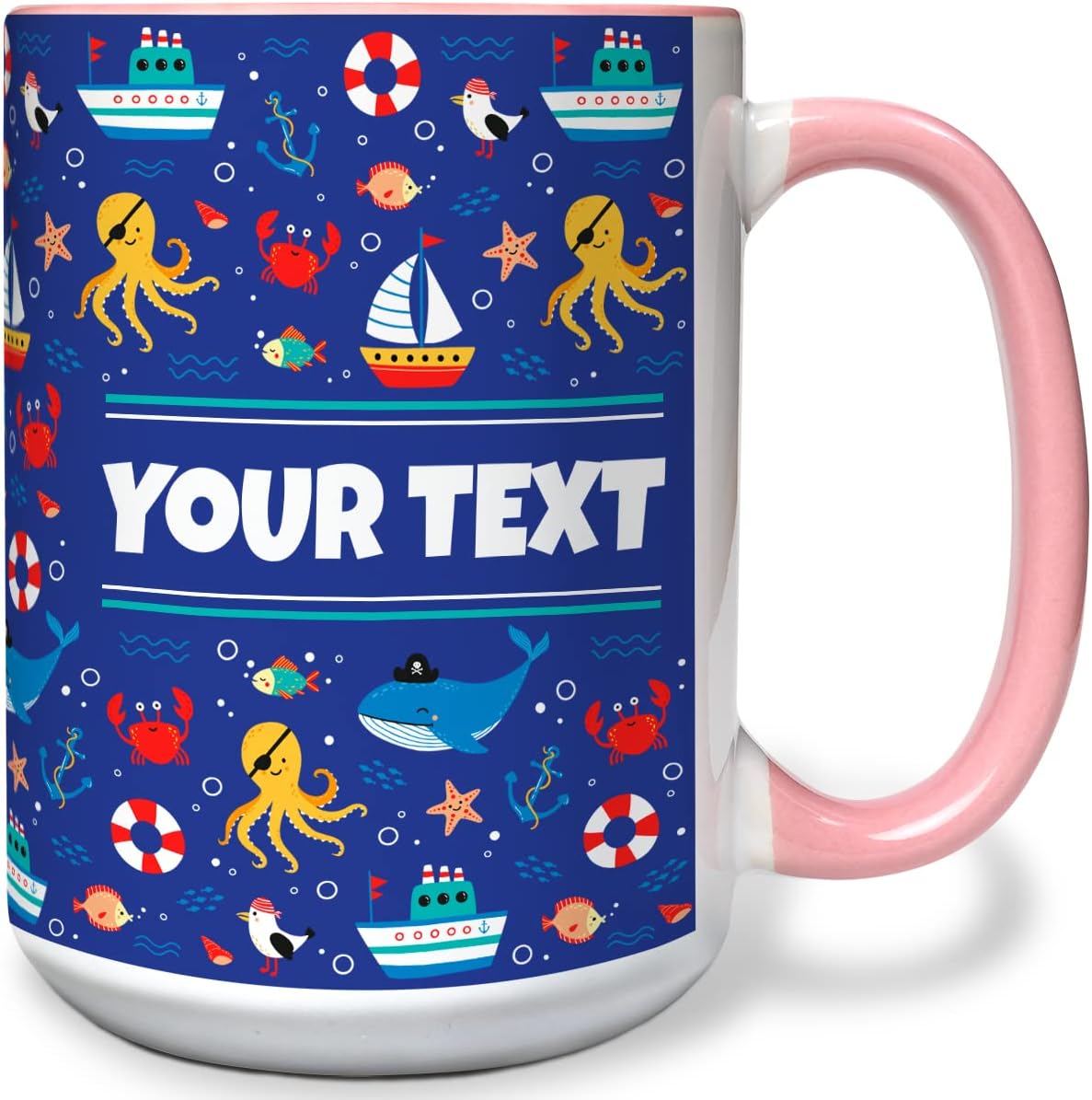 Personalized Mug for Kids - Nautical - Custom Name/Text, Ceramic Hot Chocolate/Cocoa/Coffee Cup for