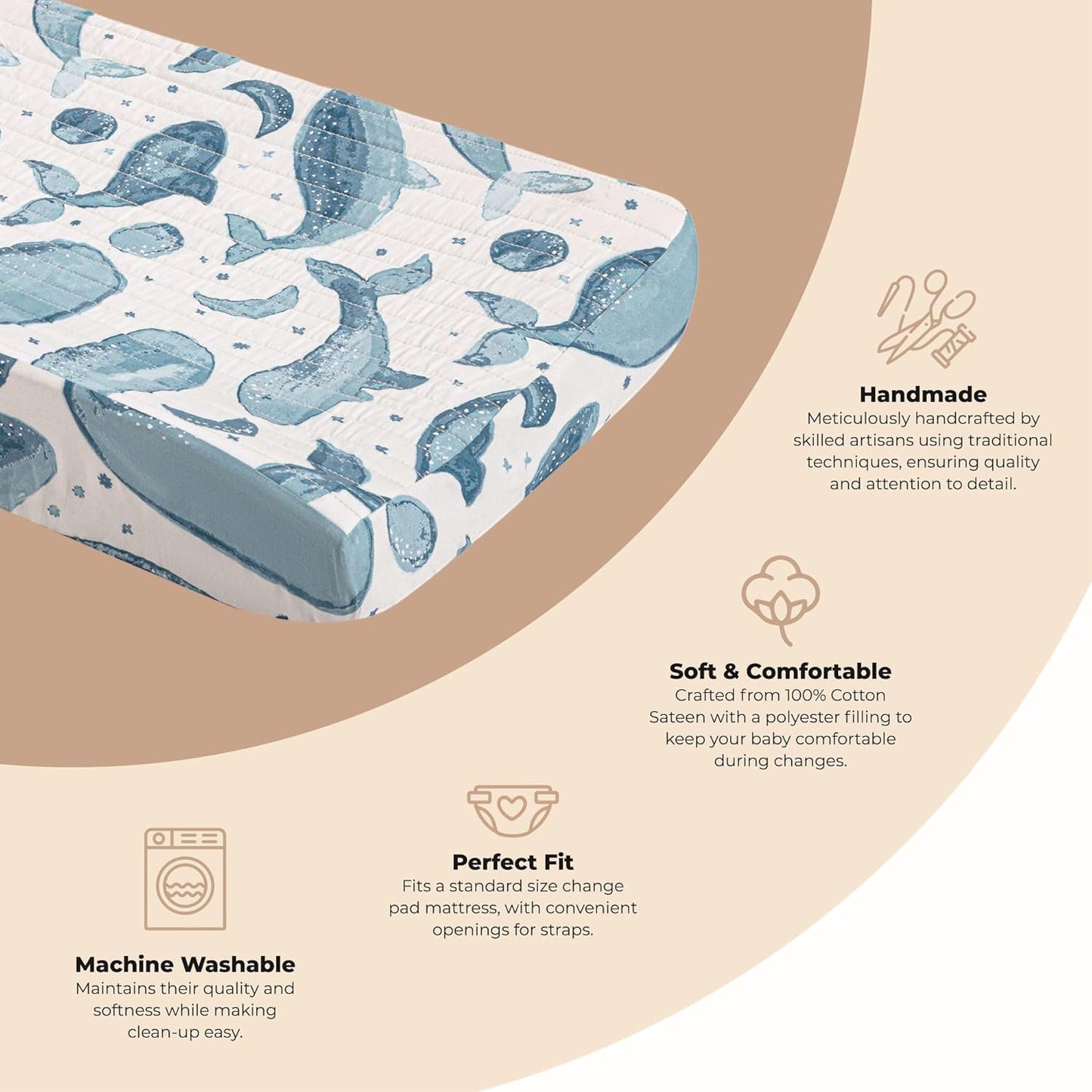 Crane Baby Quilted Changing Pad Cover with Animal Print, Breathable Cotton Sateen, Fits Standard