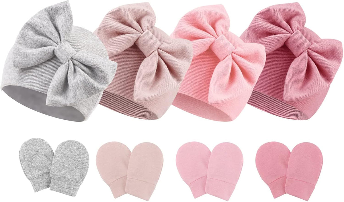 BQUBO Newborn Baby Hats Mittens Set Hospital Hat Beanie Infant Bow Hats Baby Gloves No Scratch