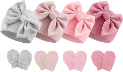 BQUBO Newborn Baby Hats Mittens Set Hospital Hat Beanie Infant Bow Hats Baby Gloves No Scratch