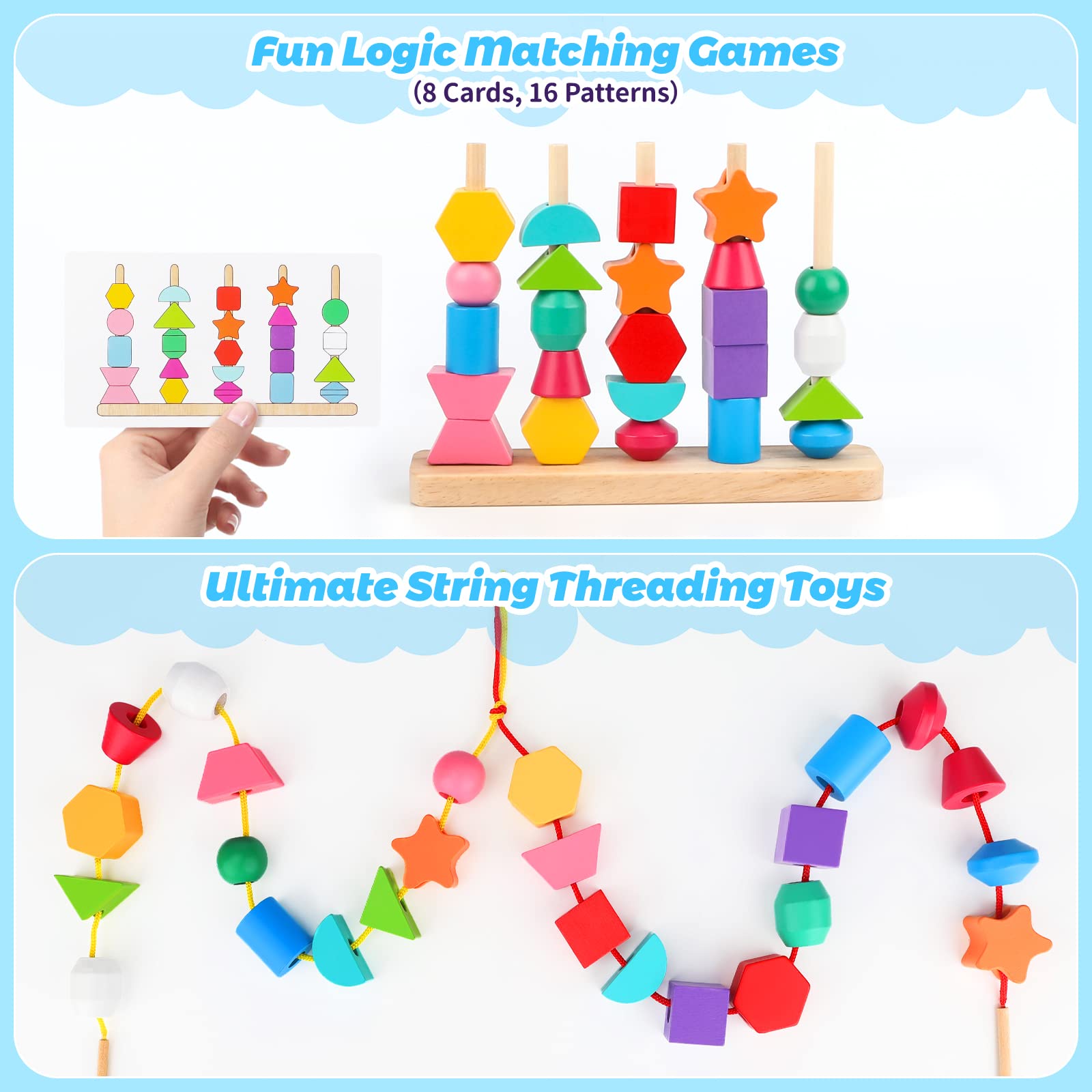 Montessori Wooden Beads Sequencing Toy Set, Stacking Blocks & Lacing Beads & Matching Shape