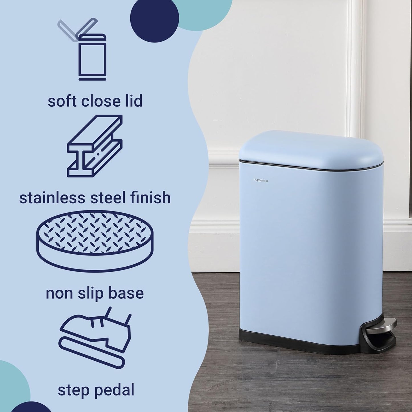 happimess HPM1009H Roland Mini 2.6-Gallon Step-Open Trash Can, Tide Pool Blue,with Soft-Close Lid