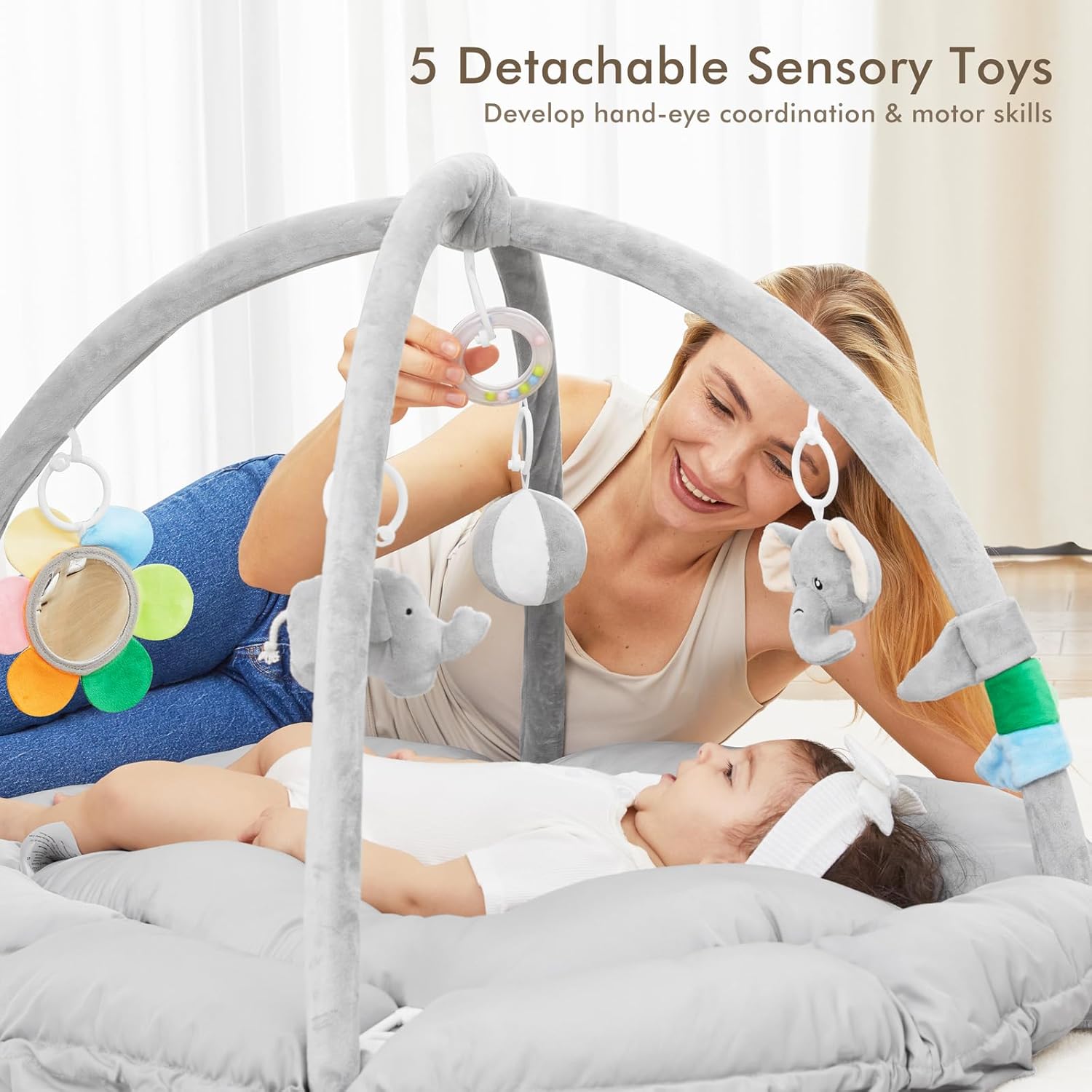 ANGELBLISS 5 in 1 Baby Play Gym Mat, Reversible Tummy Time Mat with 5 Sensory Toys for Stage-Based