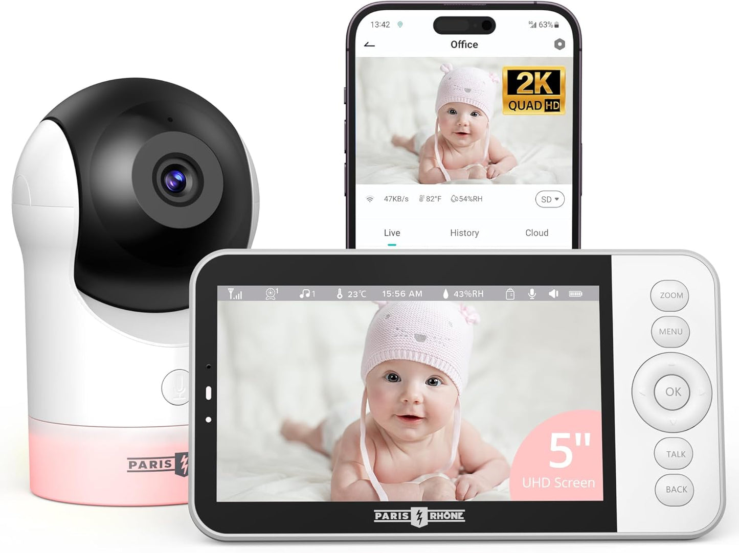 PARIS RHÔNE Video Baby Monitor, 2K UHD WiFi Camera, Night Vision, 5” Smart Baby Monitor with App