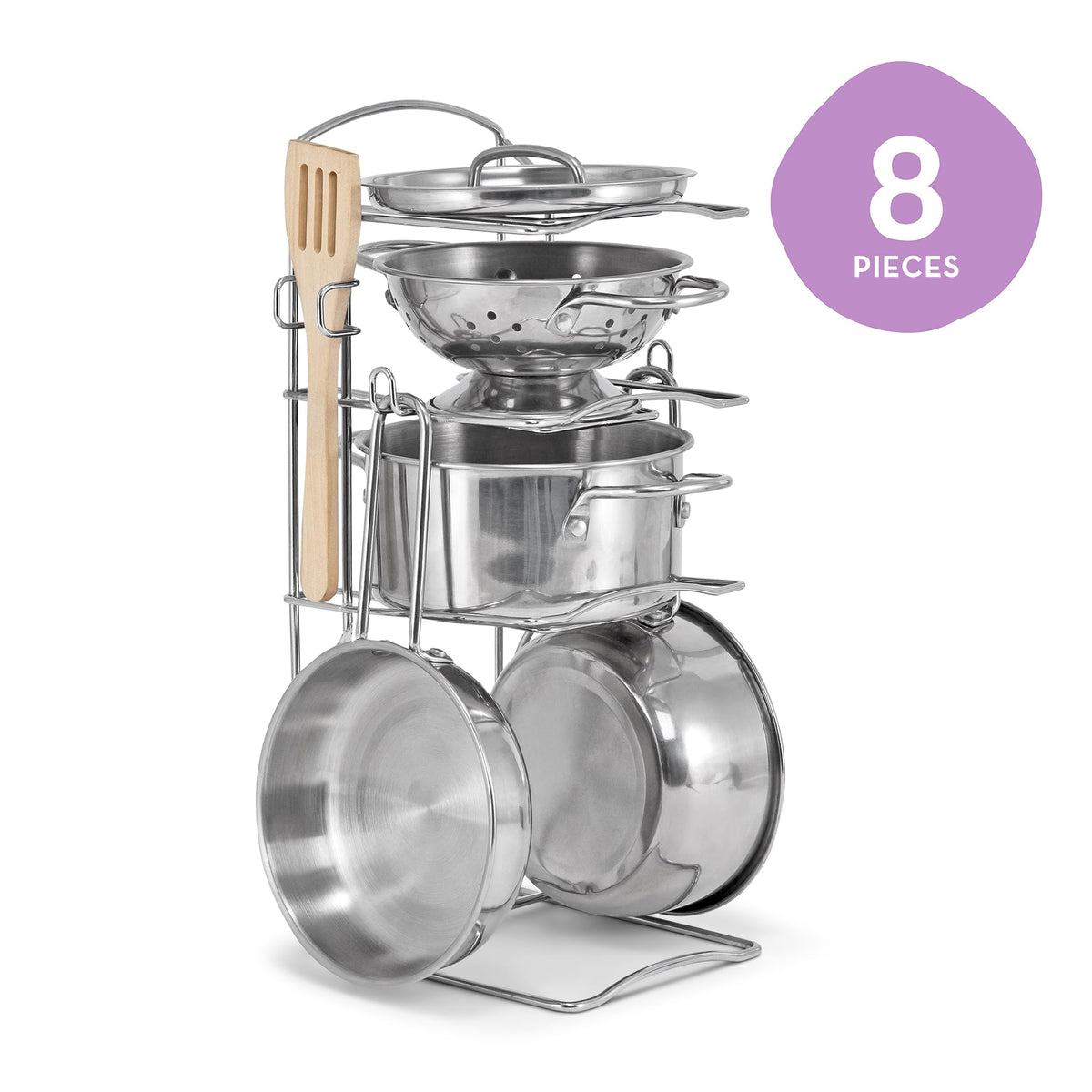 Melissa & Doug Stainless Steel Pots & Pans, 8 Piece Play Kitchen Set, Premium Play Kitchen