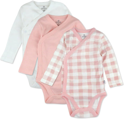 HonestBaby unisex-baby 3-pack Long Sleeve Side-snap Kimono Bodysuits Organic Cotton for Infant Baby