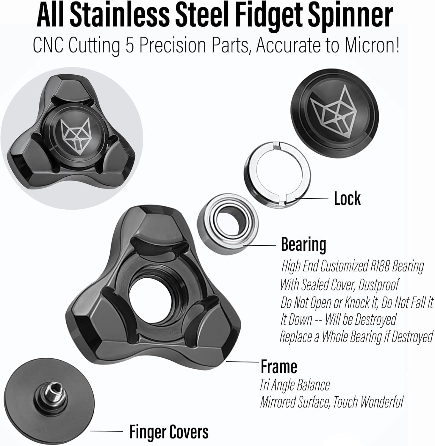 FREELOVE Metal Fidget Spinner, Stainless Steel Heavy, Long Spinning Toys, Cool Silent, Small Mini