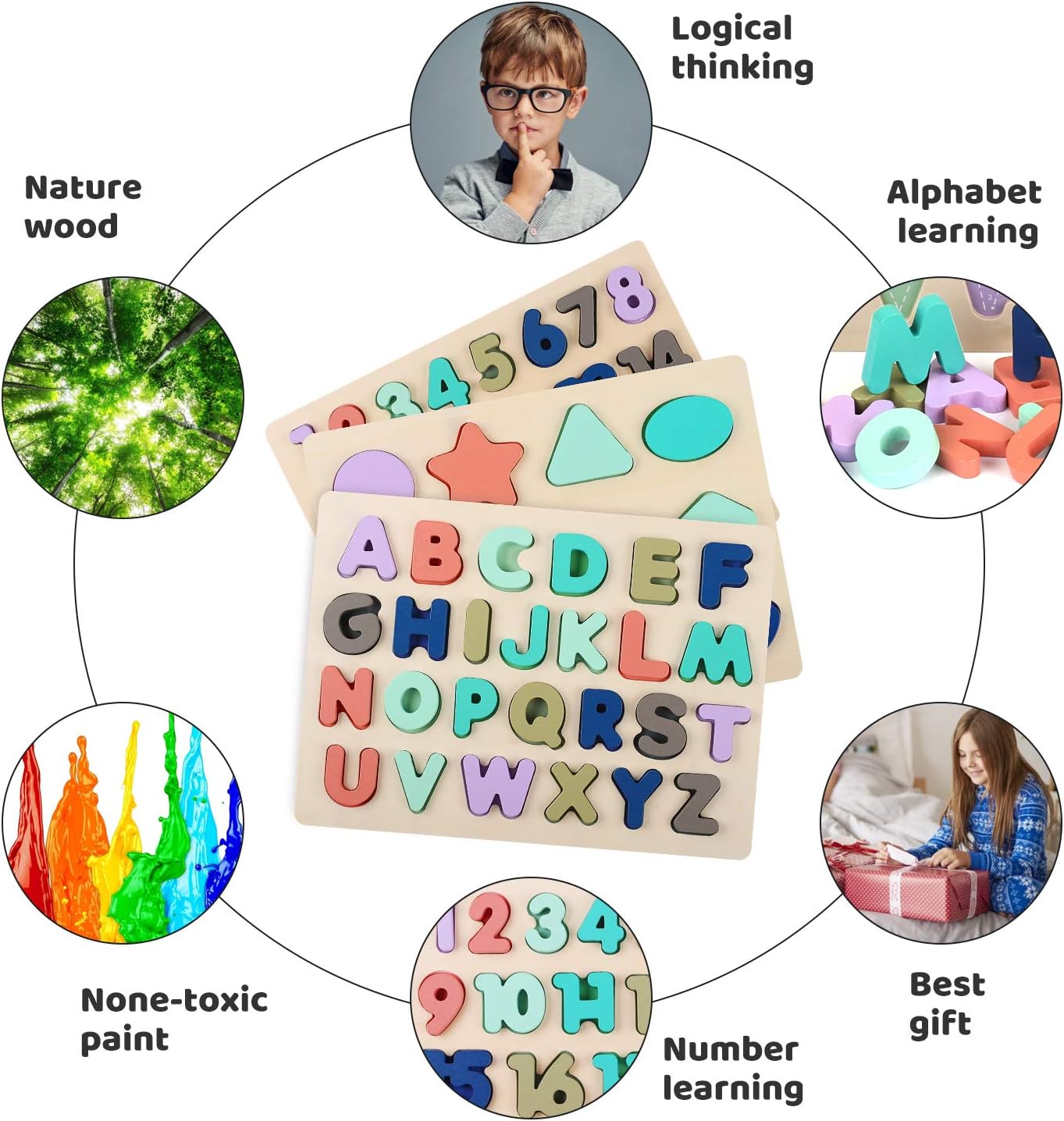 Wooden Puzzles for Toddlers, Voamuw Wooden Alphabet Number Shape Puzzle Toddler Education Learning