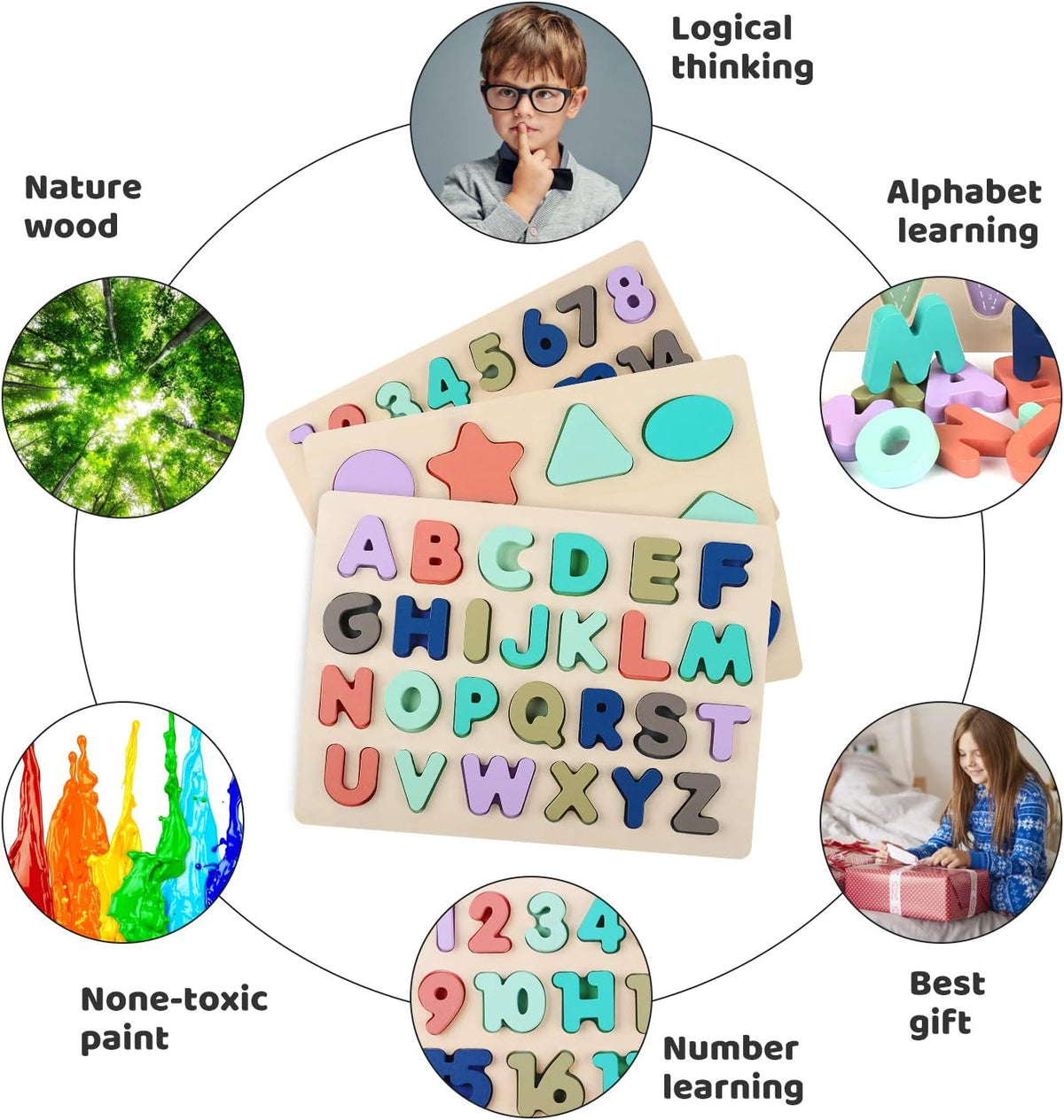 Wooden Puzzles for Toddlers, Voamuw Wooden Alphabet Number Shape Puzzle Toddler Education Learning
