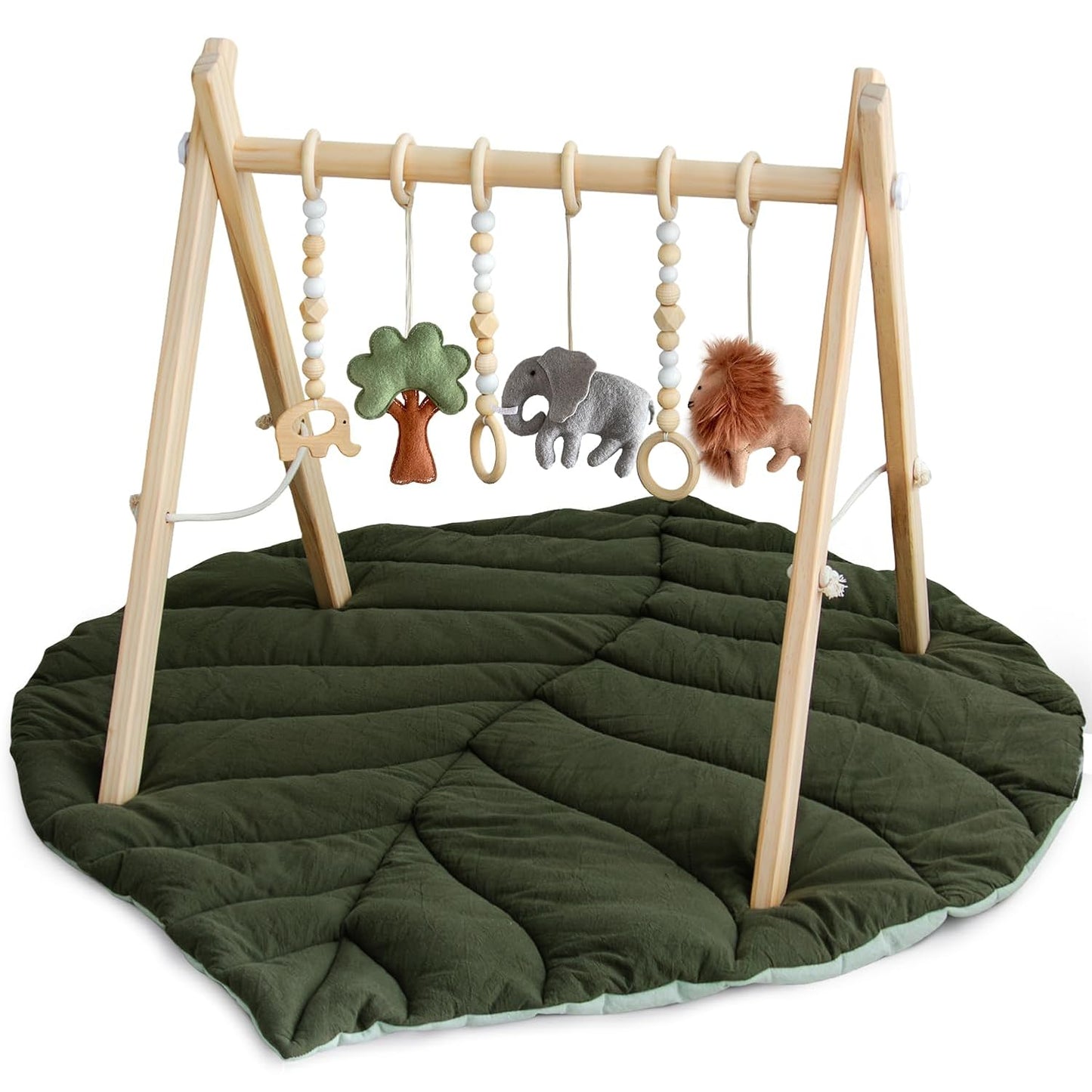 Razee Wooden Baby Play Gym Activity Mat, Leaf Shaped Play Mat Baby Gym with 6 Hanging Sensory Toys