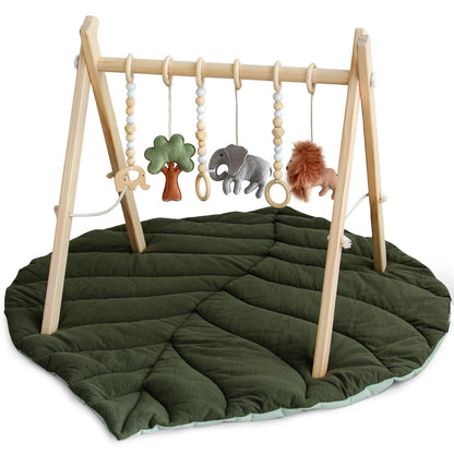Razee Wooden Baby Play Gym Activity Mat, Leaf Shaped Play Mat Baby Gym with 6 Hanging Sensory Toys