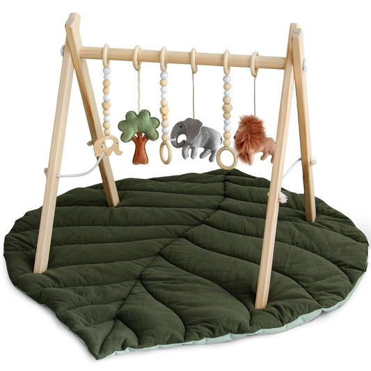 Razee Wooden Baby Play Gym Activity Mat, Leaf Shaped Play Mat Baby Gym with 6 Hanging Sensory Toys