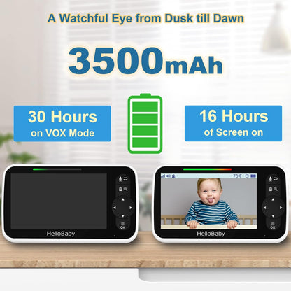 HelloBaby 5 Inch Video Baby Monitor with Camera and Audio, Remote Pan-Tilt-Zoom Camera with Night