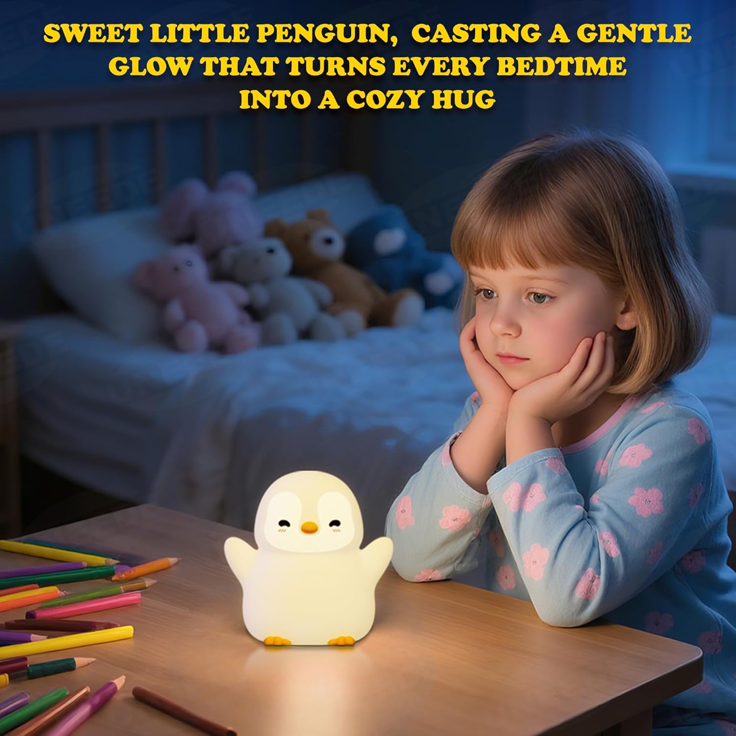 UNEEDE Standing Penguin Night Light with Detachable Bunny Hat - Rechargeable Silicone Touch Lamp
