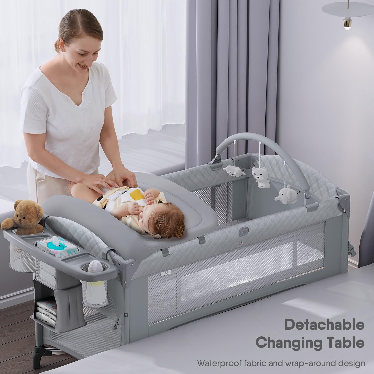 4 in 1 Baby Bassinet, Pack and Play, Bedside Crib Sleeper, Diaper Changer - Comes with Mattress
