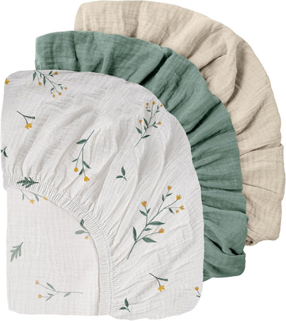 Gllquen Baby Muslin Mini Crib Sheets 3 Pack, Breathable Pack and Play Sheets Fitted Soft Cozy