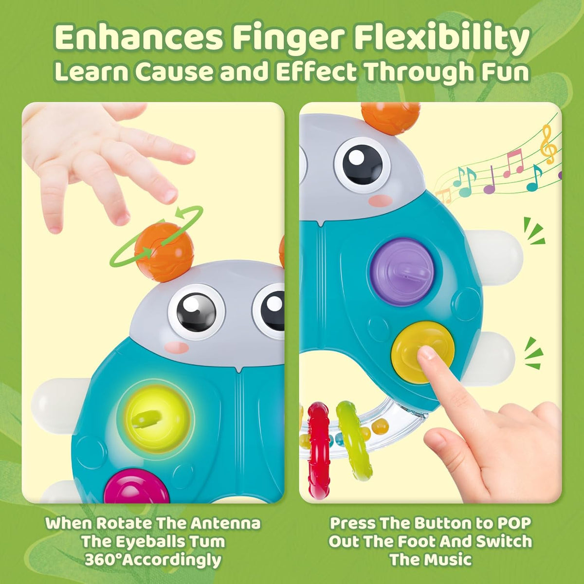 Ladybug Baby Light Up Toys with Rattle Led Light Music, Interactive Educational Fine Motor