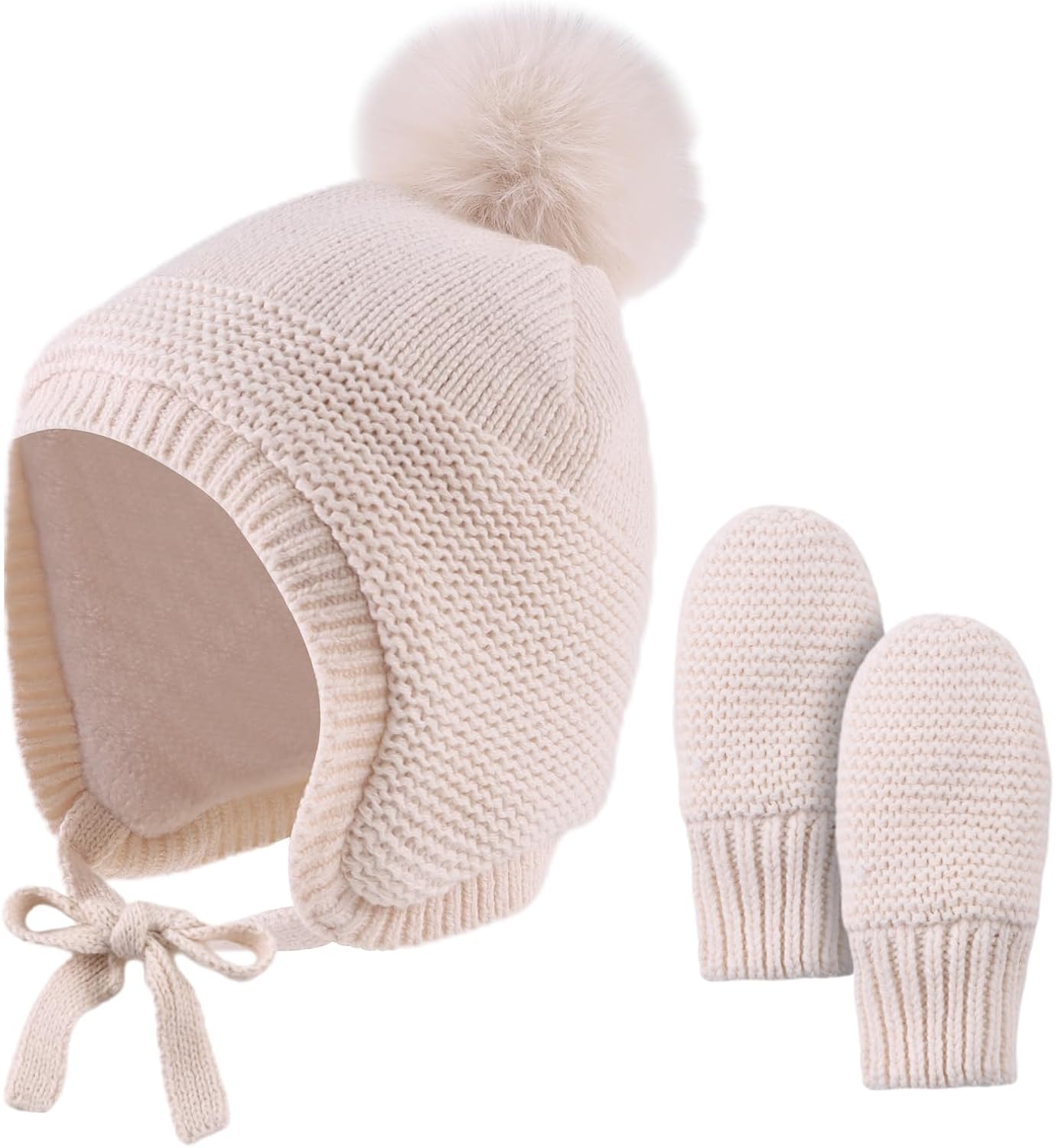 Basic Winter Baby Beanie Gloves Boys Girls Knitted Hat Pompom Kids Earflap Hats Warm Infant Toddler