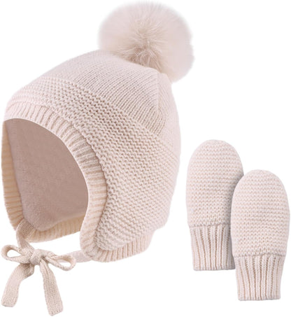 Basic Winter Baby Beanie Gloves Boys Girls Knitted Hat Pompom Kids Earflap Hats Warm Infant Toddler