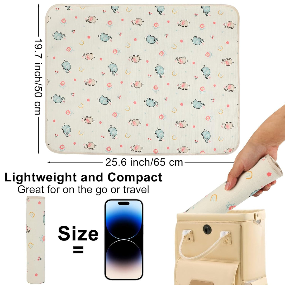 Baby Diaper Changing Pad, 19.7"x25.6" Waterproof Changing Pad Liners with 100% Muslin Cotton Front