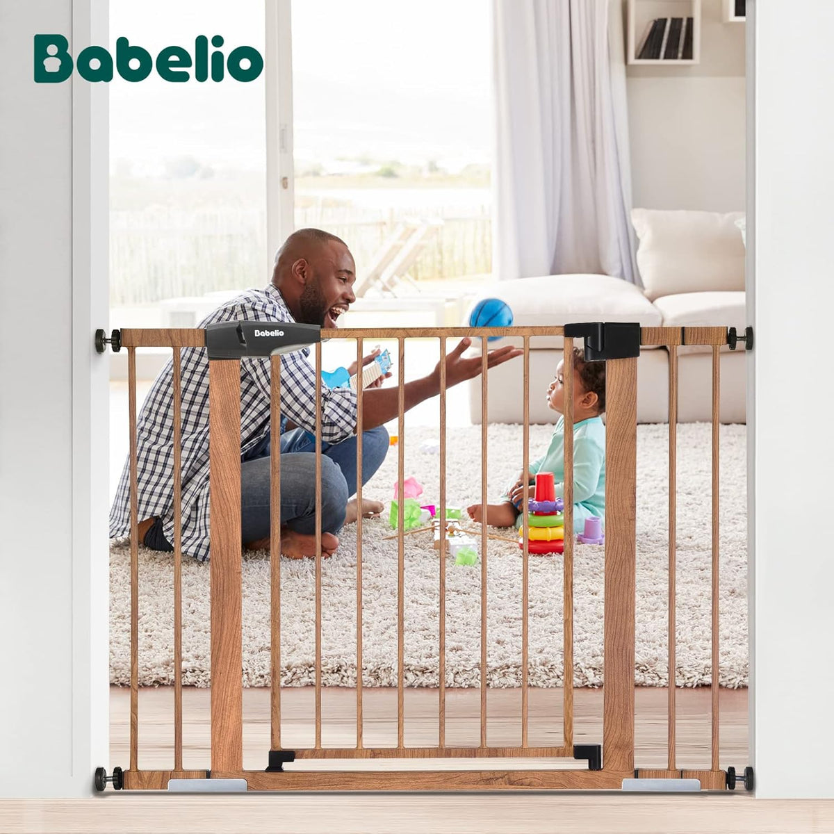 Mom's Choice Award Winner-BABELIO 26-40 Inch Metal Baby Gate with Wood Pattern, Easy Install