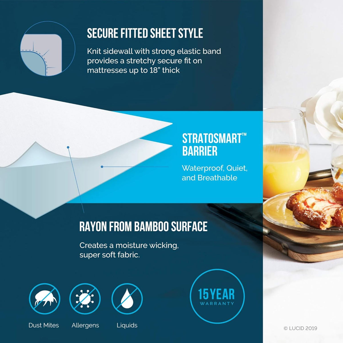 LUCID Premium Rayon from Bamboo Jersey Mattress Protector | California King Size Waterproof