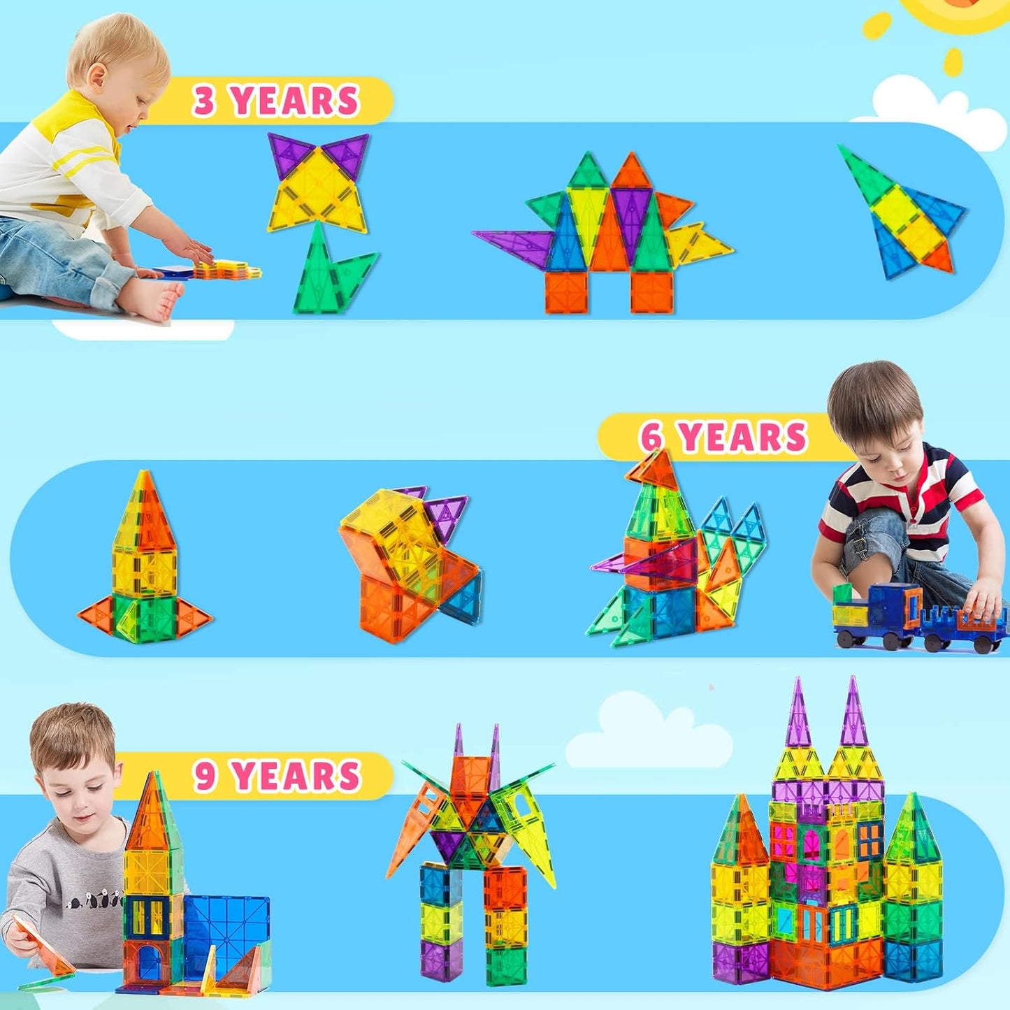 Bmag 130PCS Magnetic Tiles Building Blocks, 3D Magnet Blocks Construction Playboards for Kids