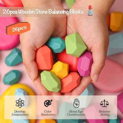 OESSUF Stacking Rocks 26Pcs Stacking Blocks Balancing Stones Wooden Building Toys Wood Stone