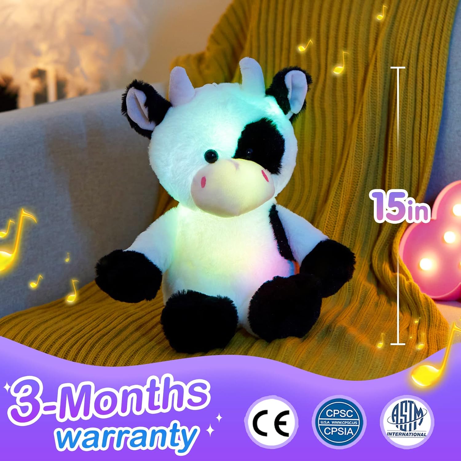 Glow Guards 15'' Light up Music Cow Stuffed Animals Glowing Singing Soft Plush Toy with Lullaby