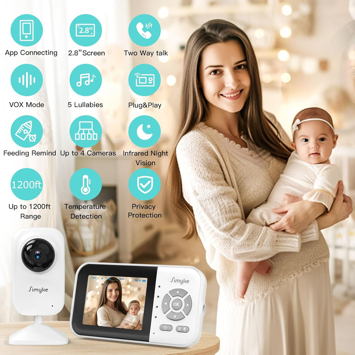 Upgrade Video Baby Monitor,WiFi Baby Camera,2.8" Display and App Control,1200ft Long Range,2 Way