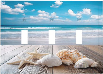 Decorative Switch Plates Beach Waves Brown Wood Starfish Shells 3 Gang Wall Plate Triple Toggle