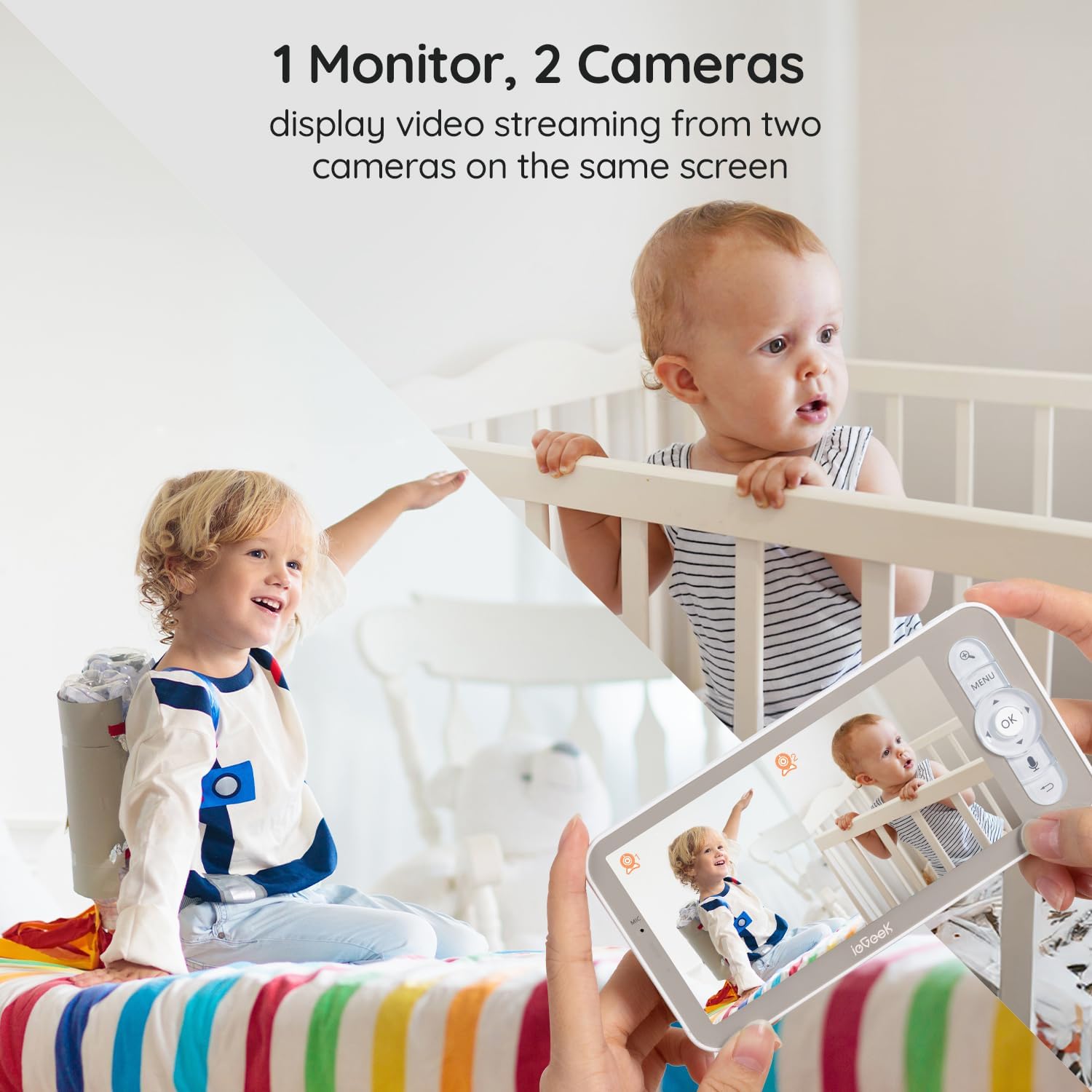 ieGeek 2K Split-Screen Baby Monitor, 5" Audio Baby Monitor with 2 Cameras, WiFi Smartphone Video
