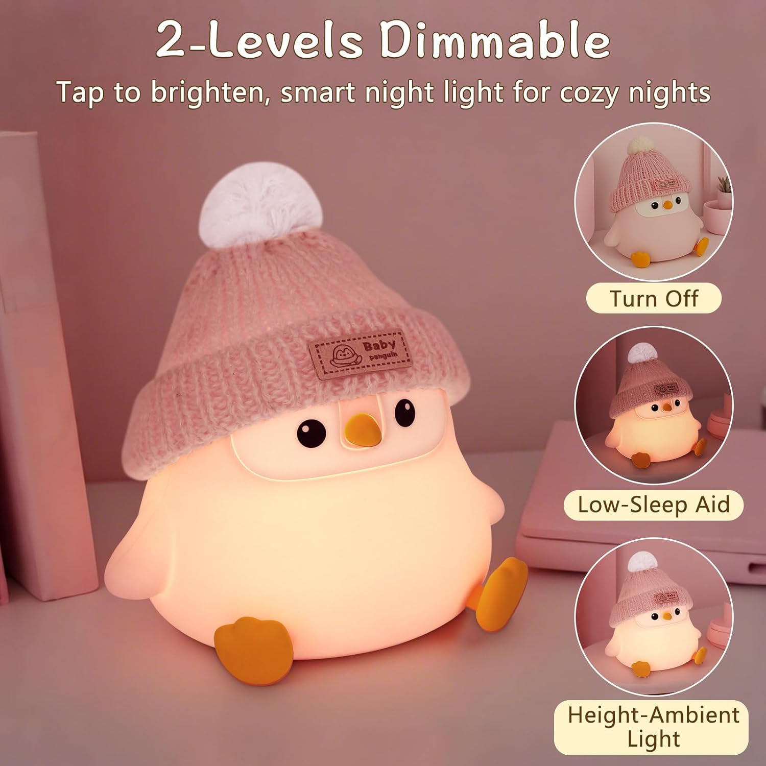 Penguin Silicone Night Light, Cute Pink Penguin Lamp with Knitted Hat, Soft Nursery Nightlight, USB