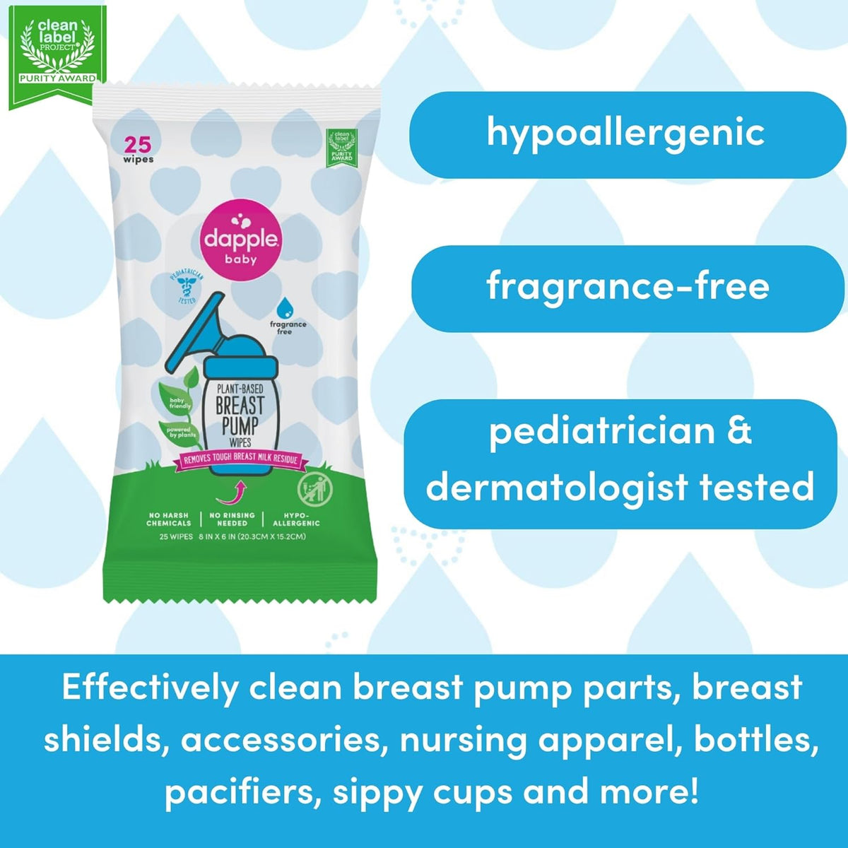Breast Pump Wipes by Dapple Baby, Hypoallergenic & Powered by Plants, Removes Milk Residue, Leaves
