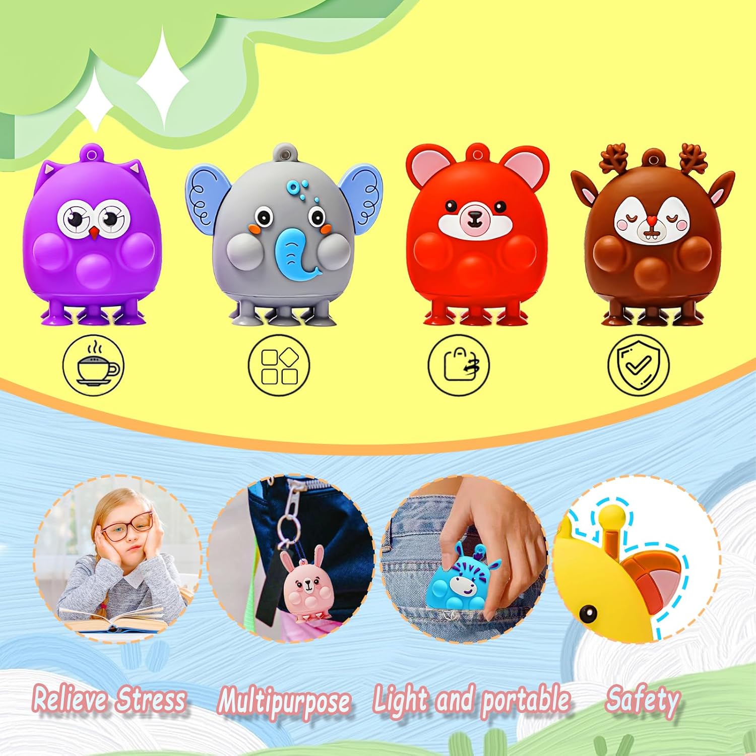 24 Pcs Party Favors for Kids, 3D Animal Pop Fidget Toys Bulk, Sensory Bath Suction Toys for