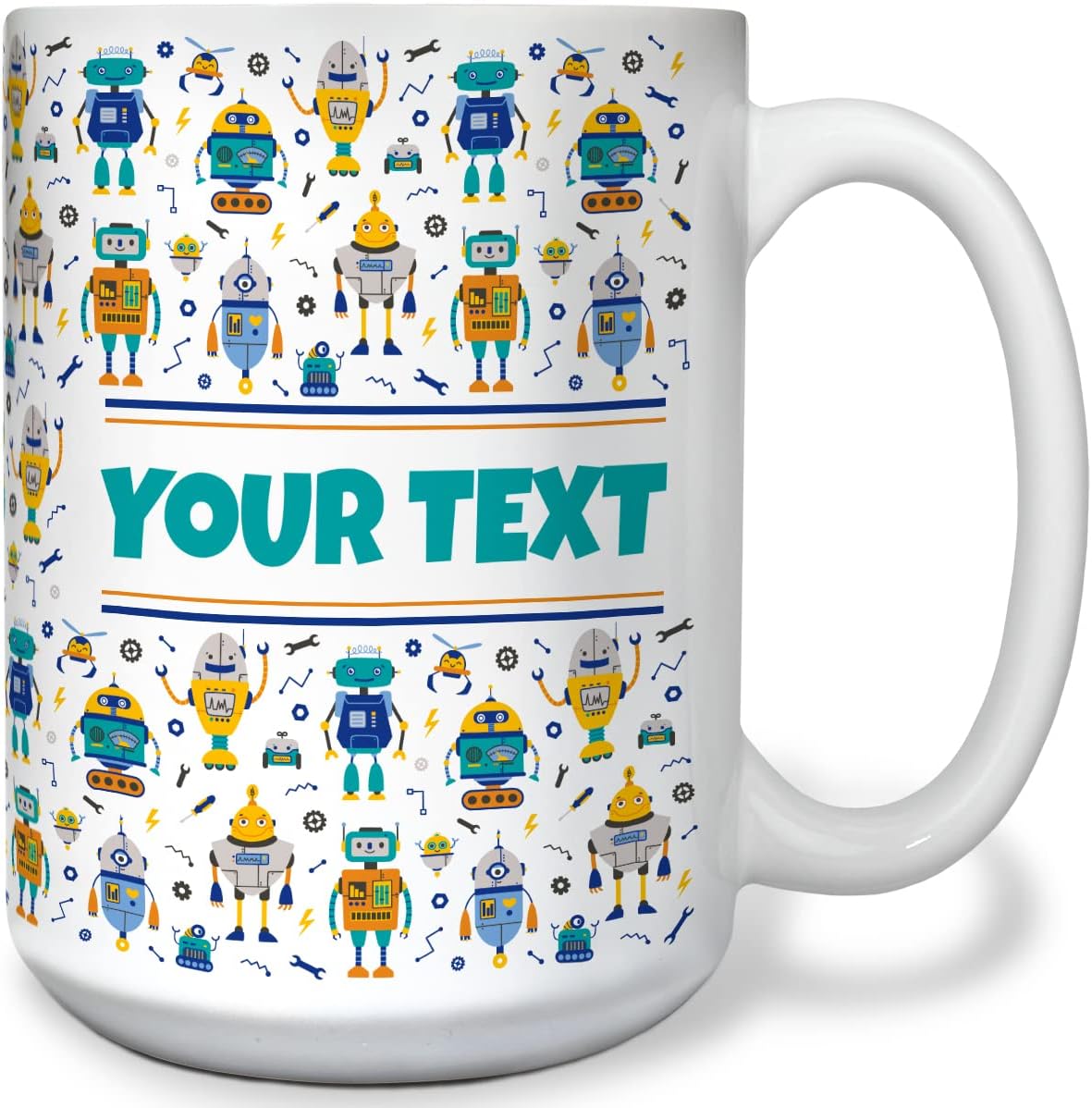 Personalized Mug for Kids - Robots - Custom Name/Text, Ceramic Hot Chocolate/Cocoa/Coffee Cup for