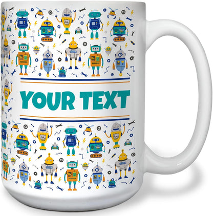 Personalized Mug for Kids - Robots - Custom Name/Text, Ceramic Hot Chocolate/Cocoa/Coffee Cup for
