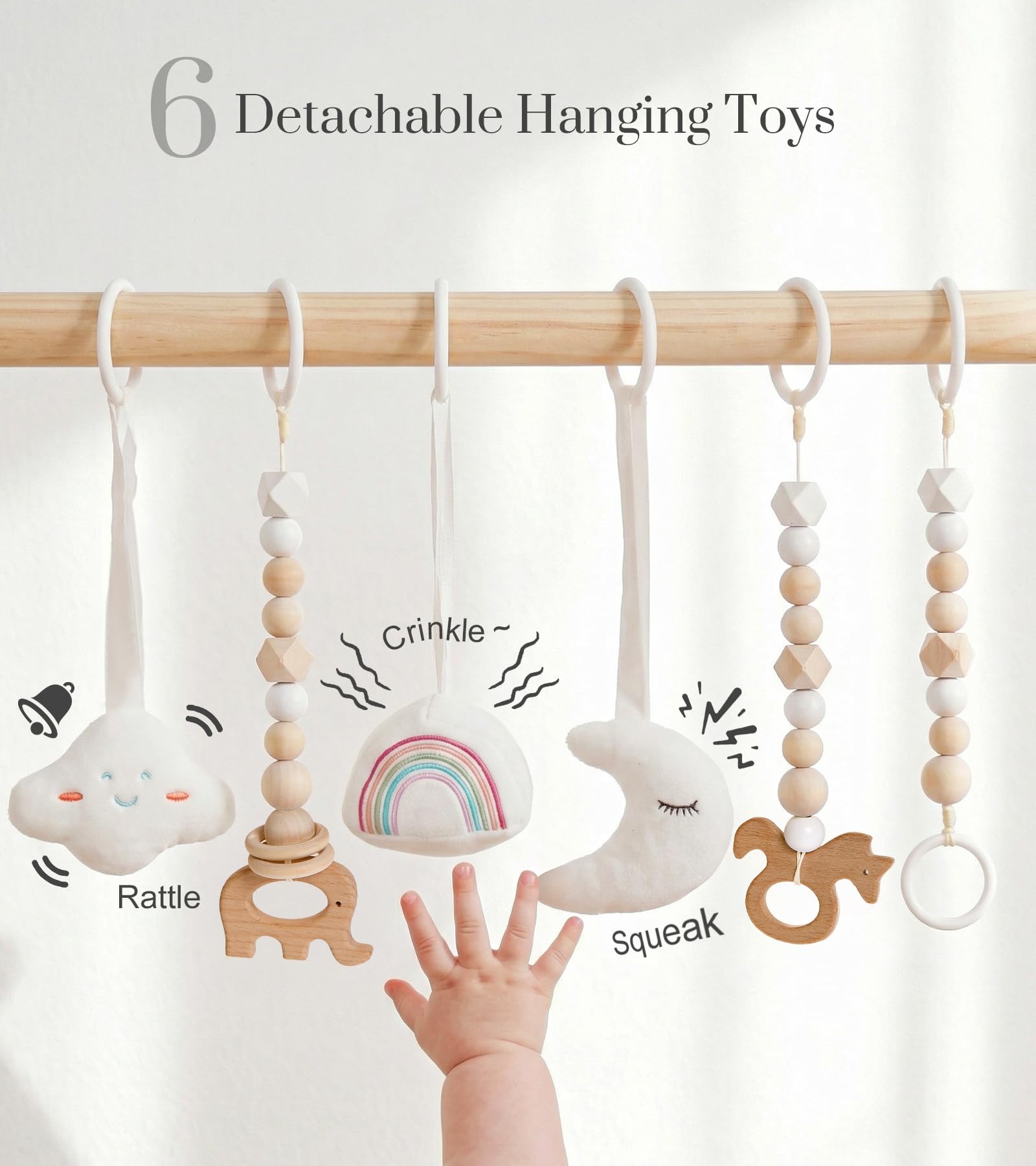 Mallify Wooden Baby Gym with 6 Gym Toys, Foldable Baby Play Gym, Natural Pine Wood Play Gym, Frame