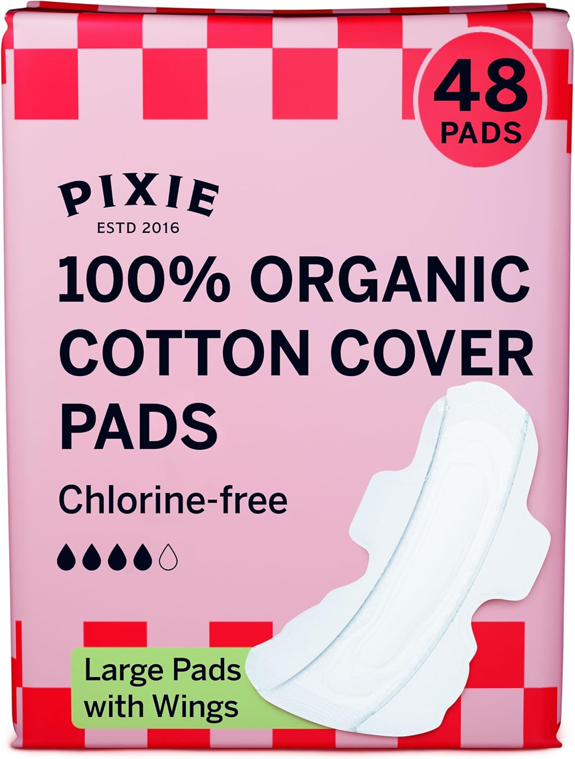 Pixie Organic Cotton Large Pads for Women - Extra Heavy Absorbency with Wings - Leak-Proof