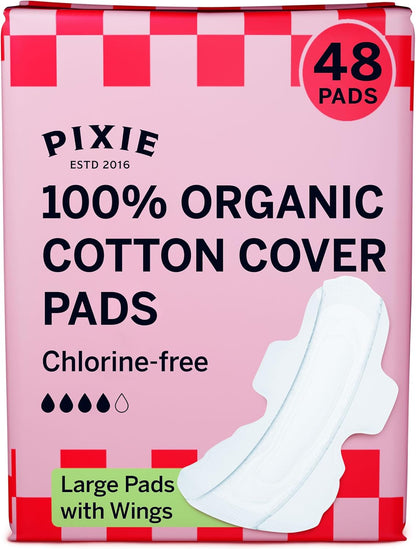 Pixie Organic Cotton Large Pads for Women - Extra Heavy Absorbency with Wings - Leak-Proof